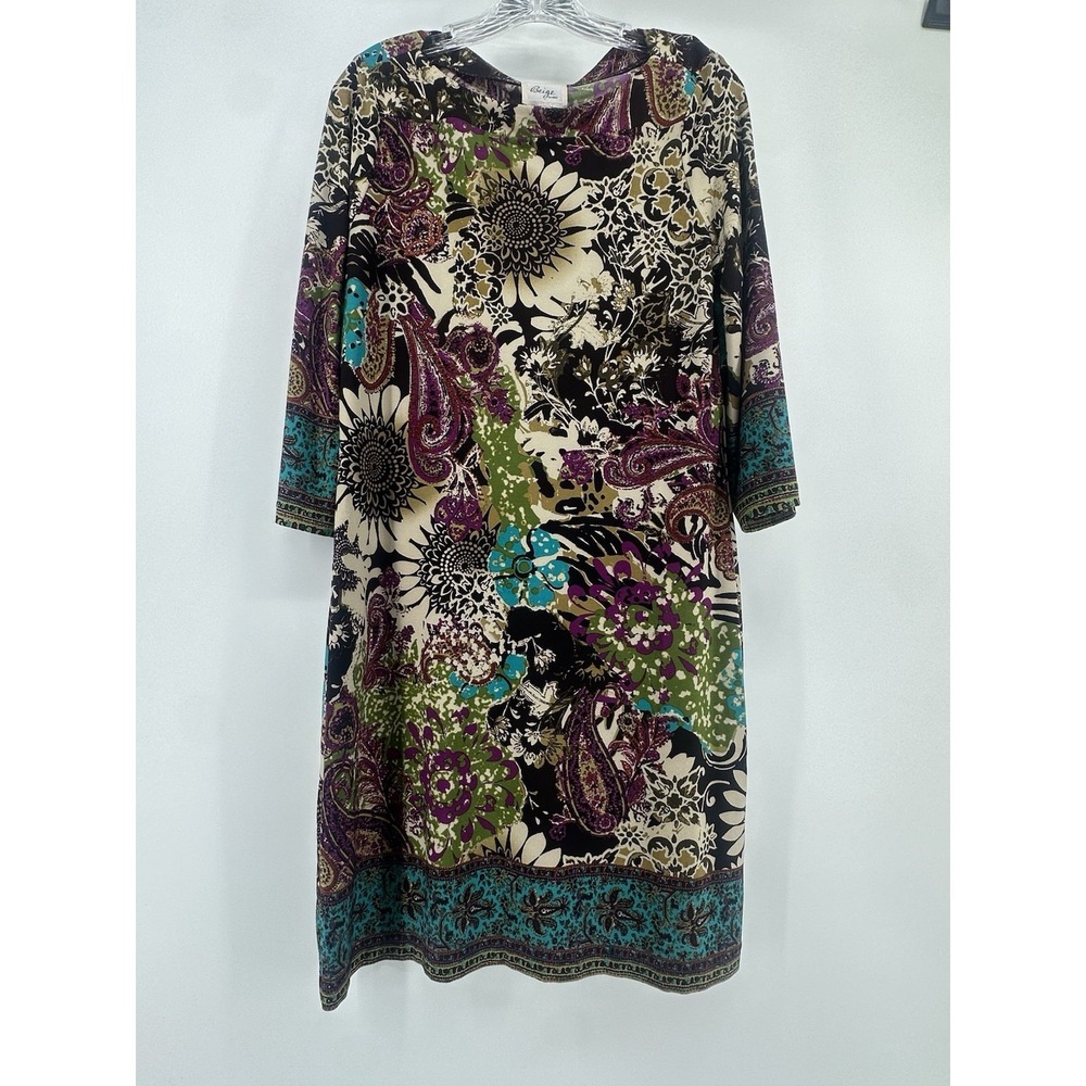 Beige by eci Floral Boho Dress Size 6 Purple Black Paisley Contrast Trim Career